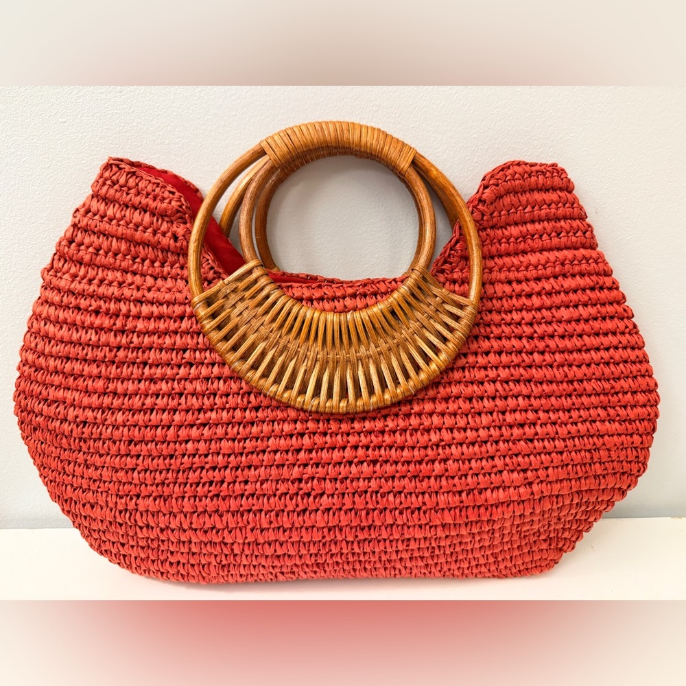 Straw Studios Woven Raffia Tote Wood Handle Boho Summer Bag - Picture 7 of 9